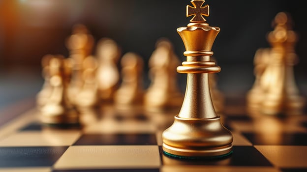 AI generated In the game of chess, the gold queen reigns supreme as the leader, symbolizing strategic prowess in business. Ai Generated. photo