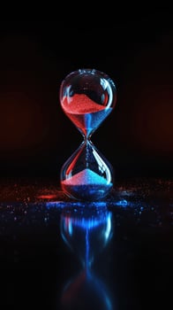 AI generated Red and blue substances flow in an hourglass against a dark backdrop, adding depth and intensity to the scene. Ai Generated. photo