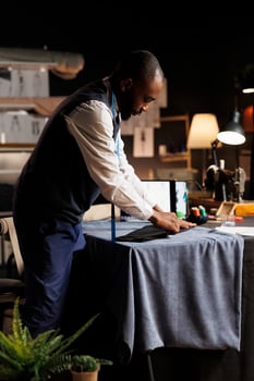 Expert suitmaker meticulously working on suit blazer in atelier shop workspace with precision and expertise. Professional fashion designer finishing sartorial business attire for client comission photo