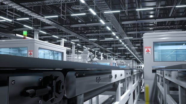 Heavy machinery units in high tech solar panel warehouse handling photovoltaic modules on large assembly lines. Wide camera shot of sustainable facility manufacturing PV cells, 3D illustration photo
