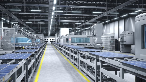 Industrial robot arms placing solar panels on large production line in modern clean factory. Photovoltaics being assembled on conveyor belts inside manufacturing warehouse, 3D render photo
