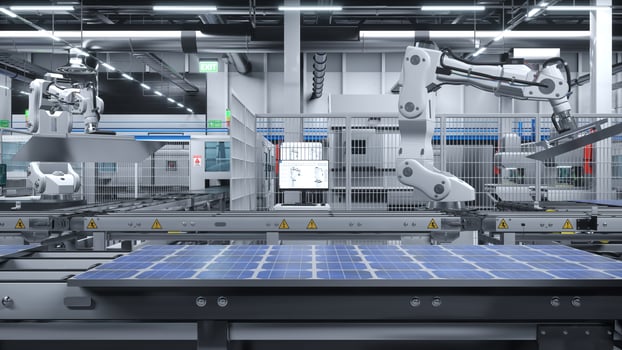 Industrial solar panel warehouse with robot arms placing photovoltaic modules on assembly lines, 3D illustration. Manufacturing facility producing PV models for energy industry photo