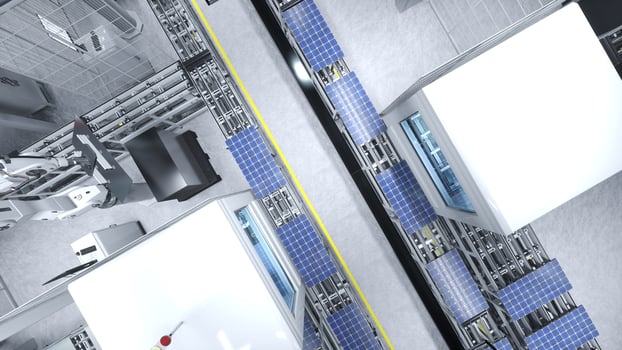 Top down view of solar panel warehouse with automated robot arms placing PV modules on conveyor belts, 3D illustration. Aerial shot of mass production warehouse producing green energy solar cells photo