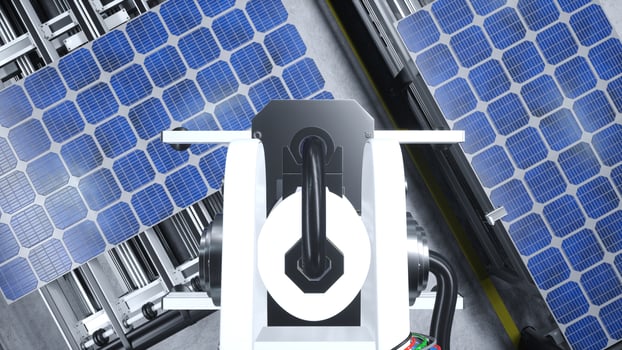 POV of robotic arms moving solar panels on conveyor belts during high tech production process in clean energy factory, 3D illustration. Heavy machinery unit placing PV cells on assembly lines photo
