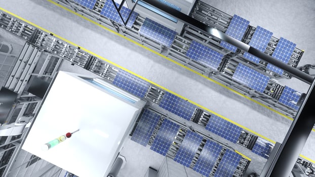 Top down view of solar panels on production lines operated by high tech robot arms in cutting edge sustainable factory, 3D render. Aerial shot of photovoltaics in eco friendly warehouse photo