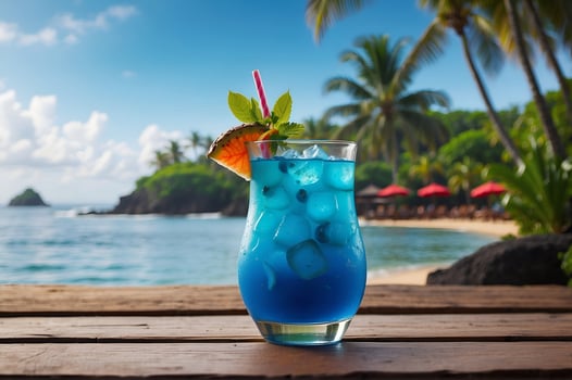 AI generated A refreshing Blue Hawaii cocktail on a wooden table overlooking a tropical beach. photo