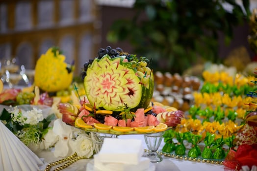 Decoration with fruit for child birthday. Sweet table with fruit, wedding catering, fruit bar on party photo