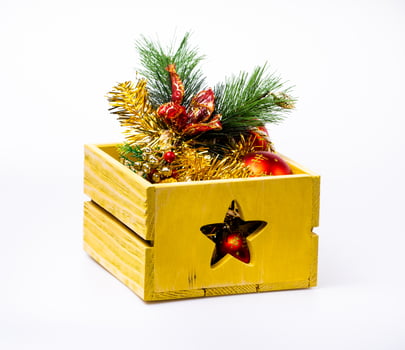 New Year's decor. Box with Christmas toys. photo