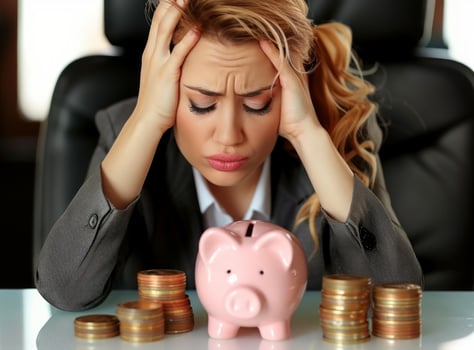 AI generated Businesswoman holding head near a piggy bank, inflation prices rising idea photo