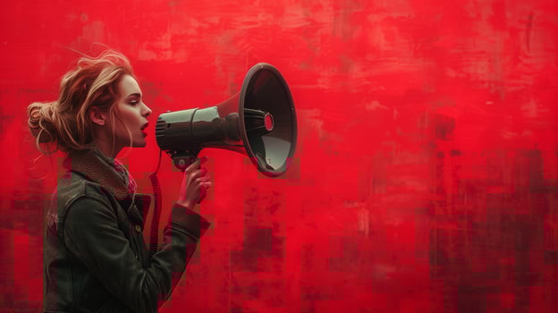 AI generated Woman with megaphone against red textured background, dynamic leadership concept, marketing and communication, vibrant activist image photo
