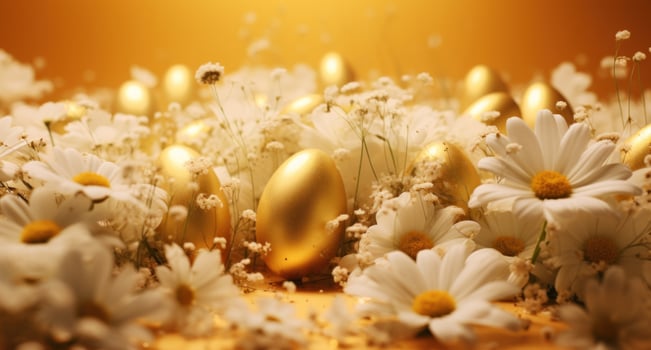 AI generated a group of golden eggs and flowers covered in glitter laying on a yellow background photo