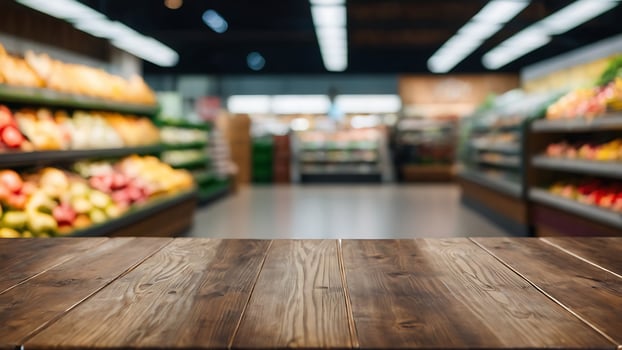 Empty wooden table with beautiful supermarket background, photorealistic photo