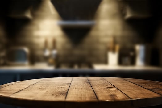 AI generated Blank Wooden Table with Kitchen Backdrop for Decoration. created with Generative AI photo
