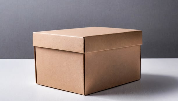 Brown closed cardboard box, gray backdrop. Craft eco package. photo