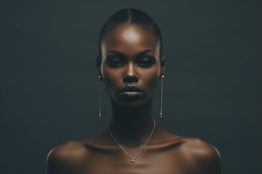 AI generated Magazine fashion portrait nude sensual african american beauty woman with gold jewelry looking at camera, minimalism style photo
