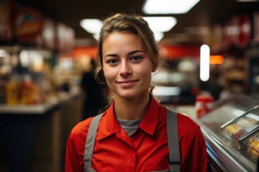 AI generated Cute smiling female shop assistant, portrait of female consultant in apron in supermarket looking at camera photo
