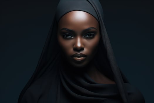AI generated Beautiful serious confident african american woman in black hijab headscarf looking at camera, low key portrait photo