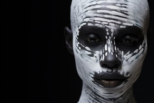 AI generated Fashion beauty portrait african american woman with white spots of paint on face make-up drawing of a zebra looking at camera on a black background with copy space photo