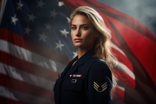 AI generated Portrait caucasian strong proud young woman police officer in uniform against background of usa flag looking at camera photo