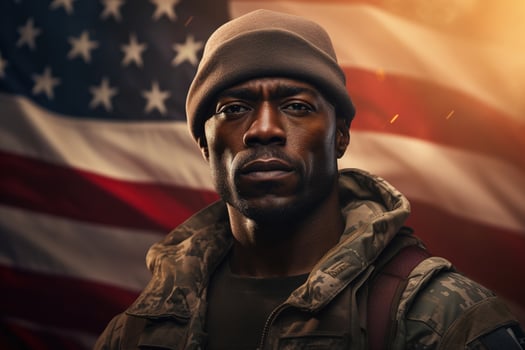 AI generated Patriot day, afro american soldier on usa flag background photo