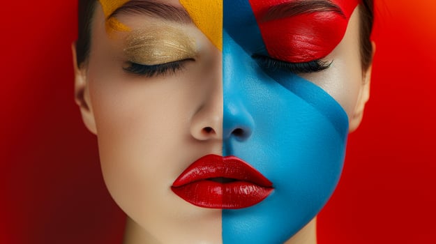AI generated Close-up, Pretty face of a beautiful woman with multi colors vivid makeup on minimal background, Generative AI photo