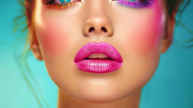 AI generated Close-up, Pretty face of a beautiful woman with multi colors vivid makeup on minimal background, Generative AI photo