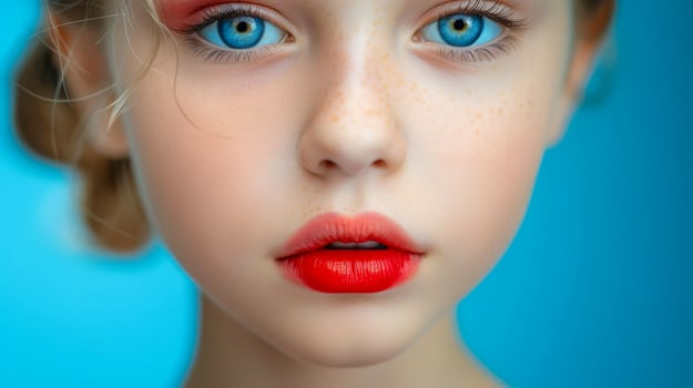 AI generated Close-up, Pretty face of a beautiful child girl with multi colors vivid makeup on minimal background, Generative AI photo