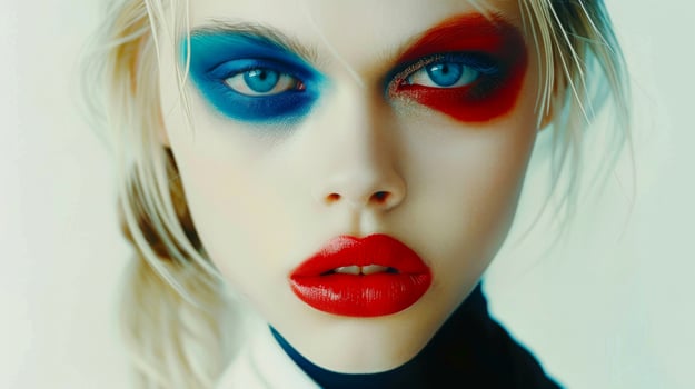 AI generated Close-up, Pretty face of a beautiful woman with multi colors vivid makeup on minimal background, Generative AI photo