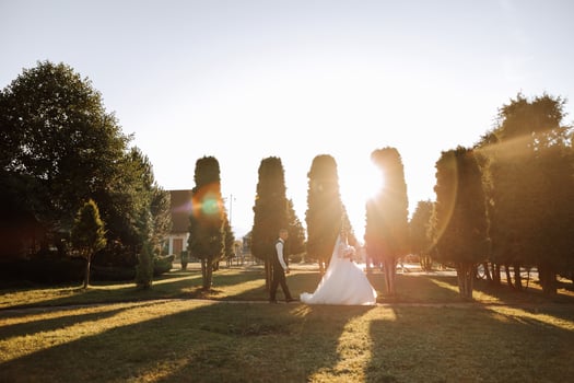 A wedding couple is walking in nature on an autumn day. Happy young bride and elegant groom holding hands. A stylish couple of newlyweds on their wedding day. photo