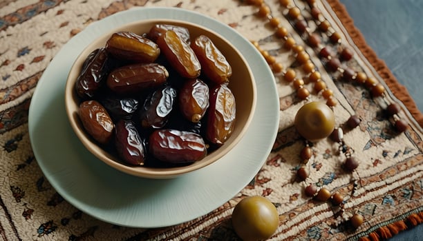 A bowl of dates and prayer beads on a prayer mat photo