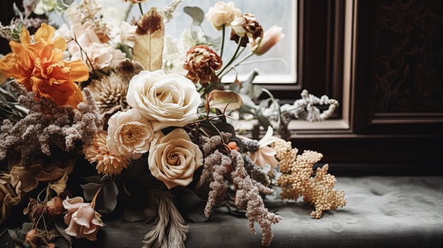 AI generated Floral arrangement with winter, autumn or early spring botanical plants and flowers photo