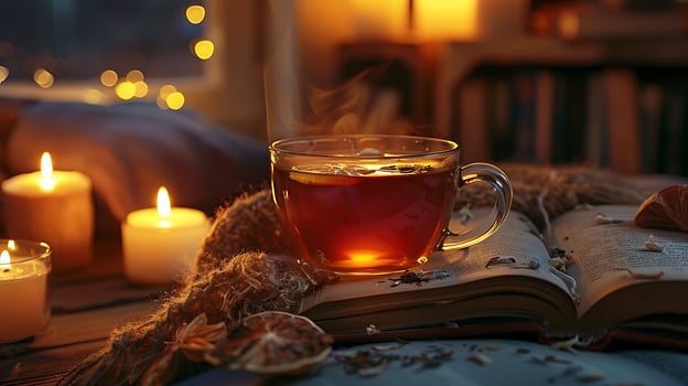 AI generated Warm Tea Time Ambiance with Book and Candles photo