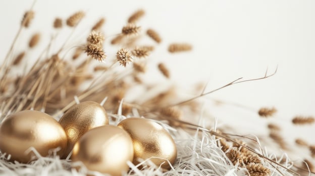 AI generated minimalist easter holiday background with golden eggs and white background photo