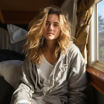 AI Generated Relaxed woman enjoying morning light. photo