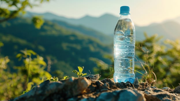 AI Generated bottle of clean drinking water on a rock on a bright sunny day, mountains in the background photo