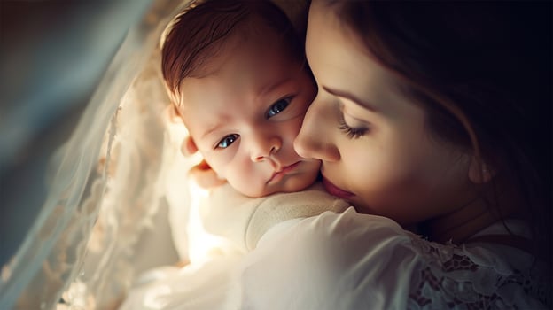 AI Generated Maternal Embrace at Dawn. A tender moment as a mother cradles her sleeping baby in the soft morning light. photo
