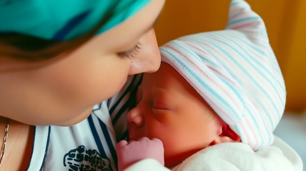 AI generated Woman Holding Baby in Her Arms. Generative AI. photo