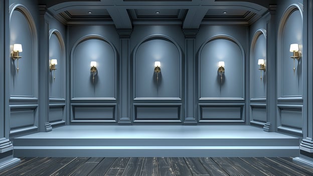 An empty room with blue walls and wooden floors photo