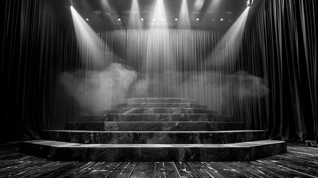 Black and white photo of a stage with smoke coming out of it