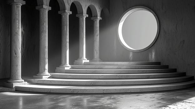 A room with pillars and a circular window photo