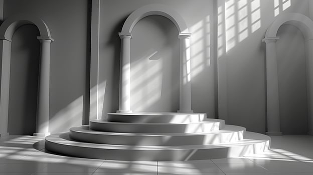 An empty room with a staircase and pillars photo