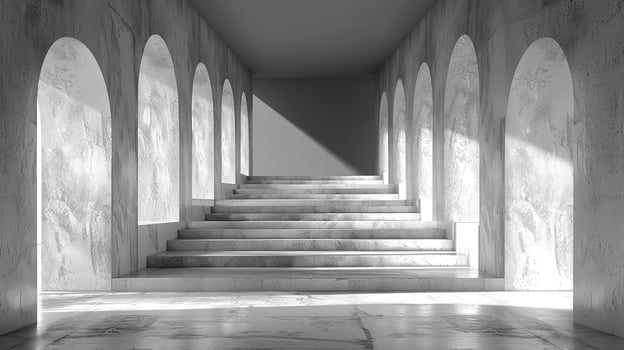 A black and white photo of a hallway with arches