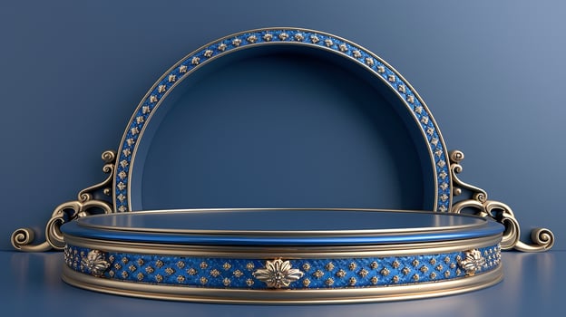 A blue and gold ornate archway with a mirror photo