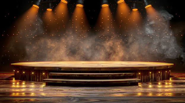 Stage with lights and smoke on a wooden floor photo