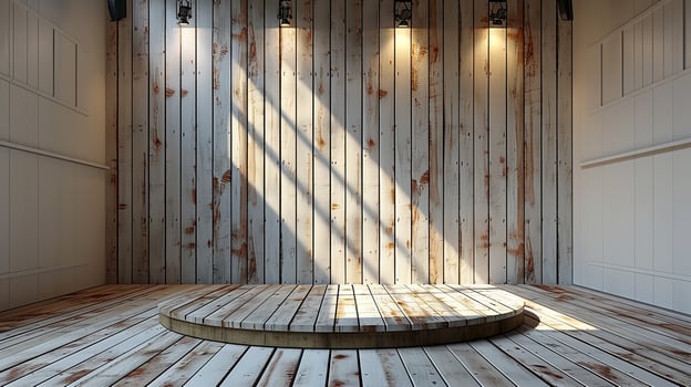 An empty room with wooden floors and a spotlight photo