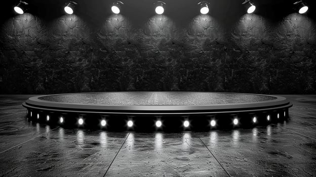 Black and white photo of a stage with lights