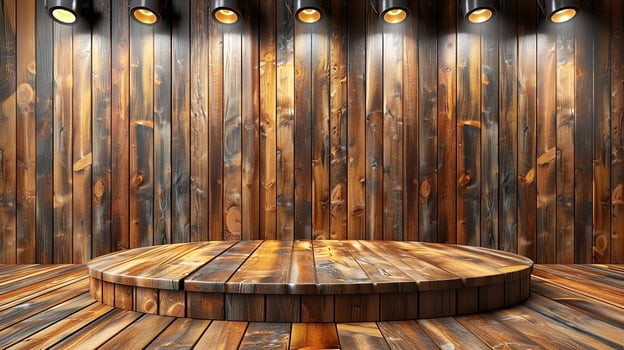 A wooden stage with lights and a wooden floor photo