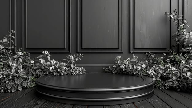 Black wooden floor with plants and flowers photo
