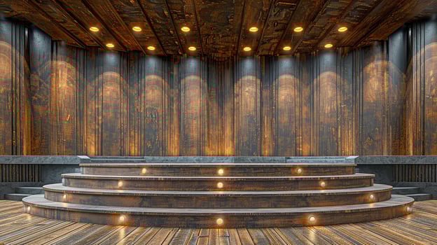 A large stage with a wooden floor and a wooden ceiling photo