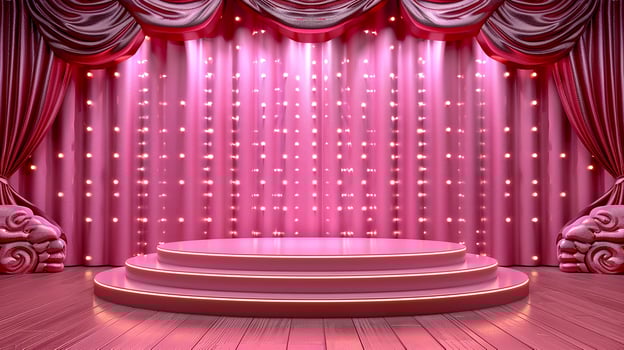 A stage with pink curtains and a spotlight photo